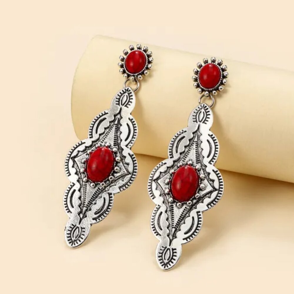 Western Southwestern Boho Cowboy Aged Silver & Red Turquoise Dangle Earrings - Picture 5 of 5